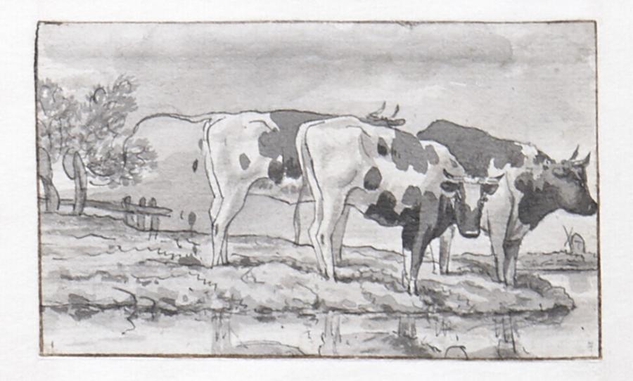 Drie koeien staand in een weiland aan de waterkant (uit een serie van twaalf studiebladen)