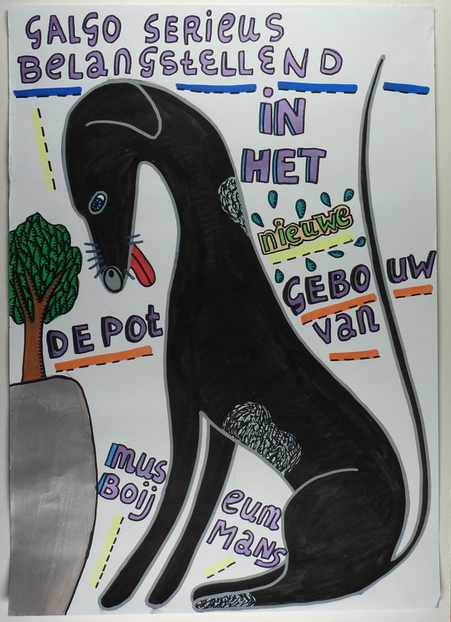 Galgo serieus belangstellend in het nieuwe depotgebouw van museum boijmans