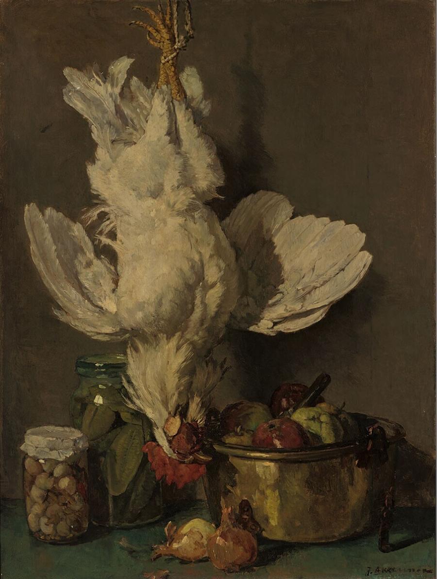 Stilleven met witte haan