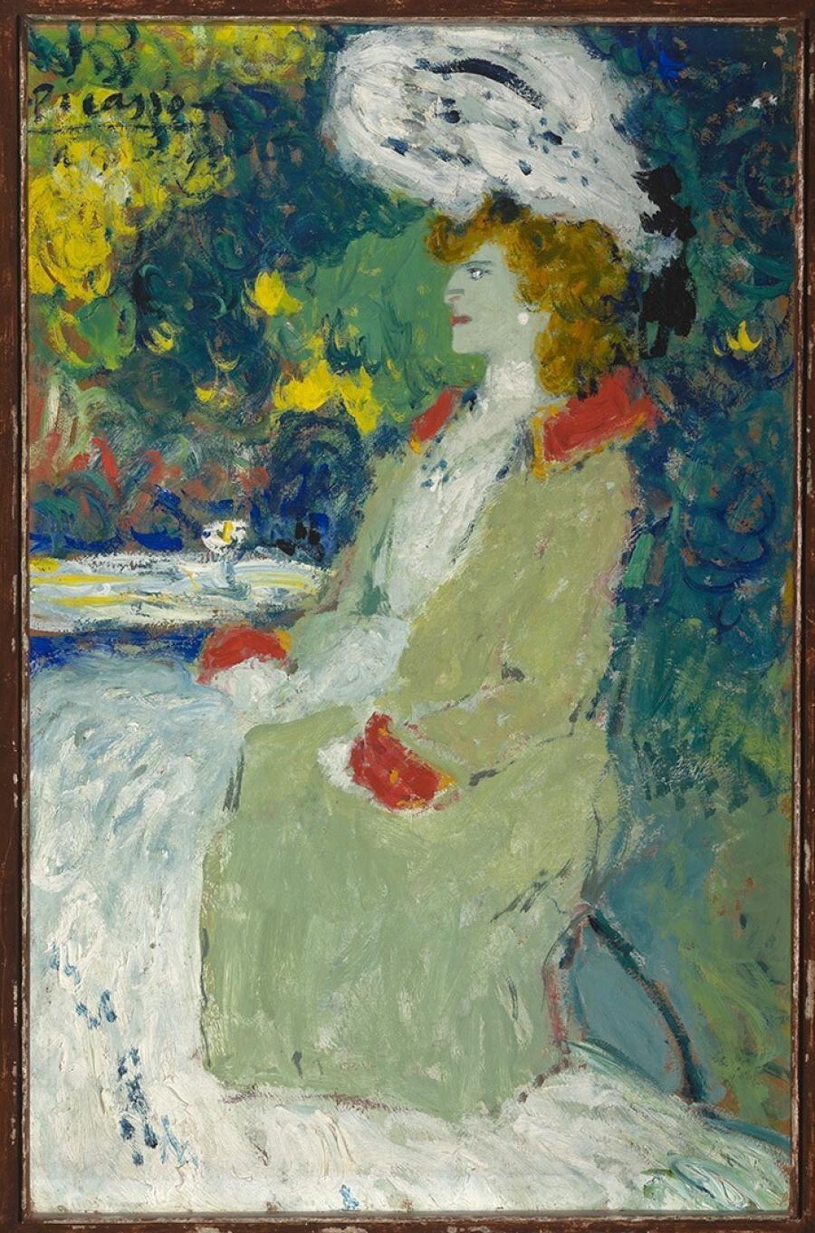 Femme assise à la terrasse d'un café (Vrouw op een terras aan een cafétafeltje )