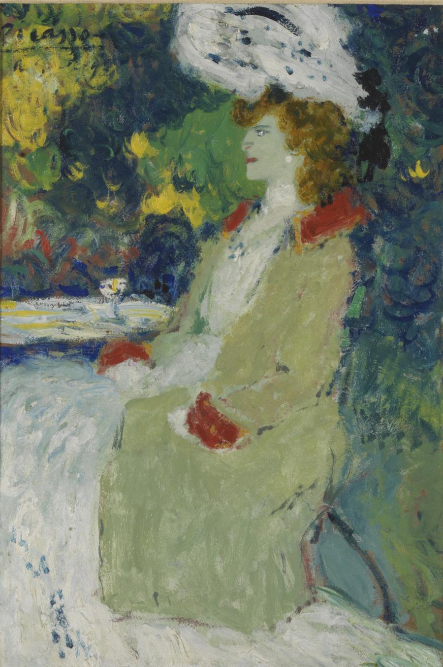 Femme assise à la terrasse d'un café  (Vrouw op een terras aan een cafétafeltje )