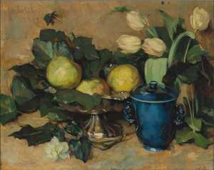 stilleven-met-blauwe-pot-tussen-schaal-met-appels-en-tulpen