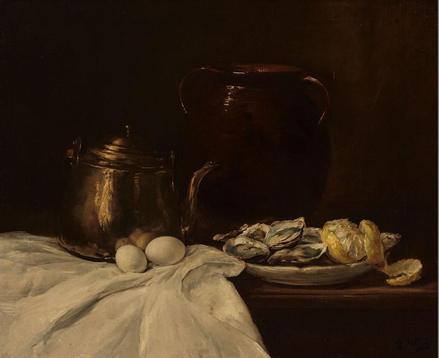 Stilleven met koperen kan, eieren en schaal met oesters