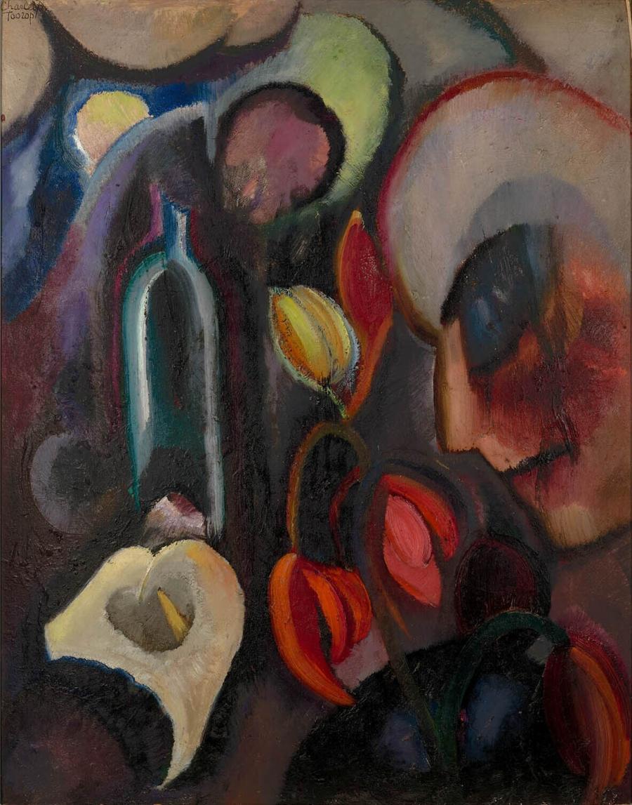 Composition with Head, Bottle and Flowers