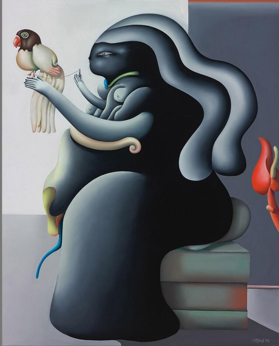 Schauspielerin mit Vogel und roter Pflanze