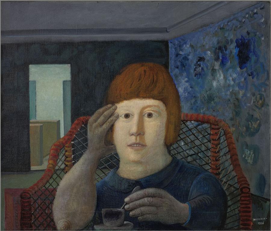 Woman in Red Cane Chair