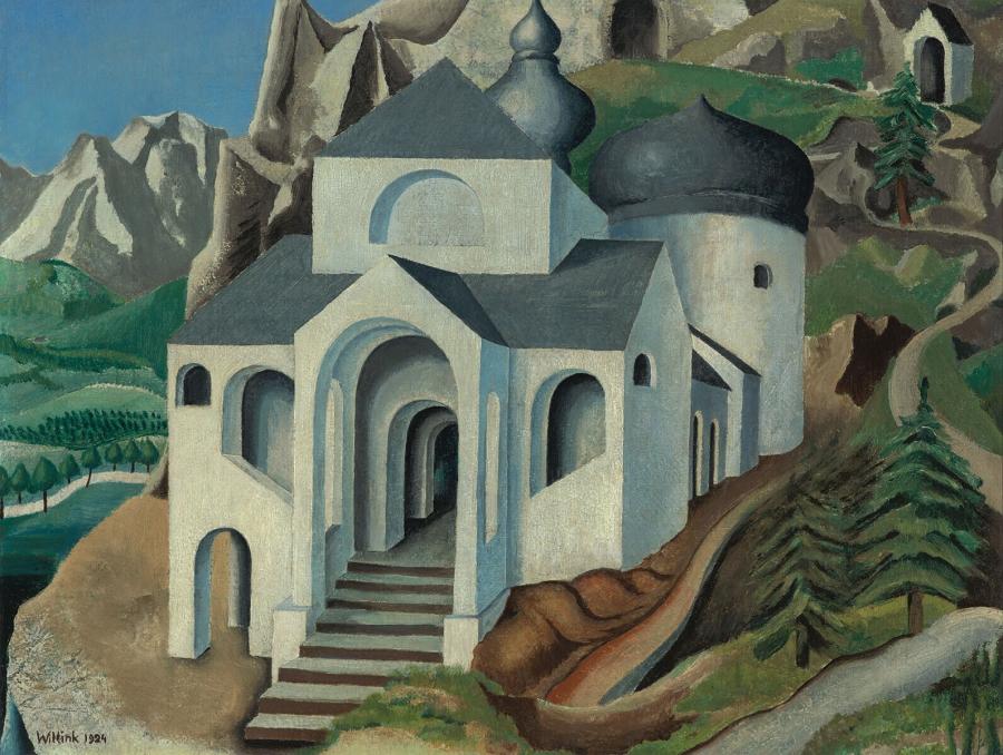 Landschap met bergkapel