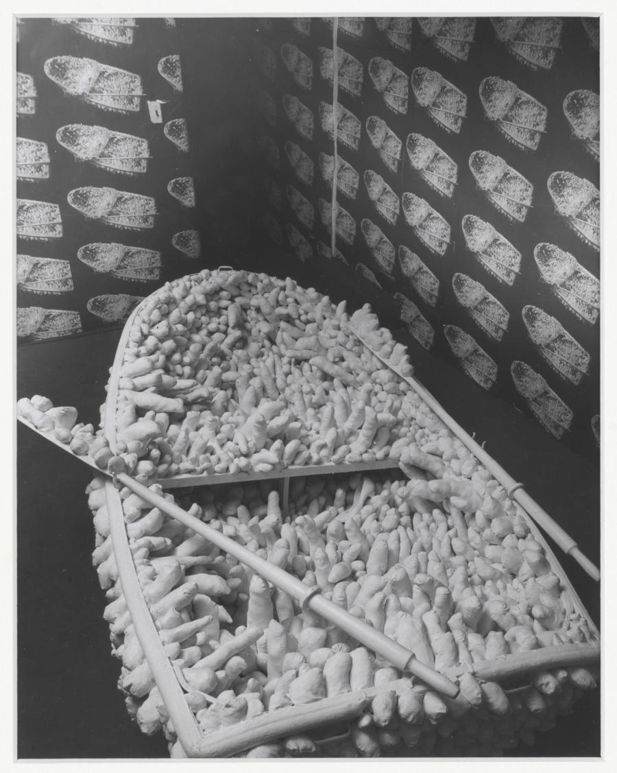 Photograph of Yayoi Kusama's installation 'Aggregation: One Thousand Boats Show' in the exhibition 'Nul 1965', Stedelijk Museum Amsterdam