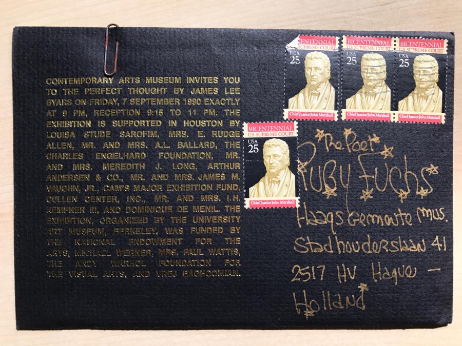Uitnodiging voor de tentoonstelling 'James Lee Byars The Perfect Thought' in Contemporary Art Museum (Houston), met begeleidende brief aan Rudi Fuchs
