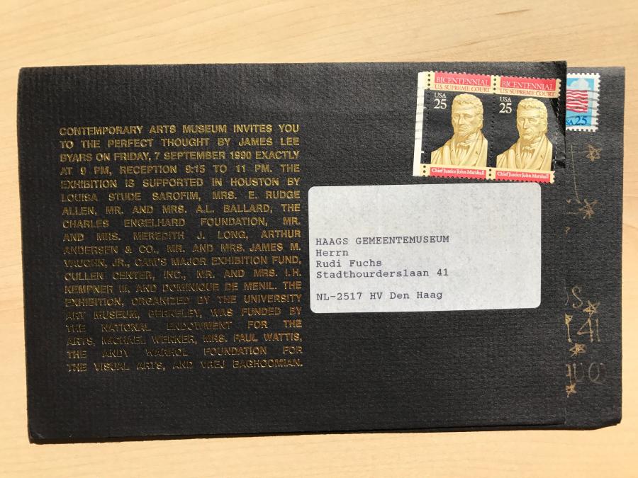 Uitnodiging voor de tentoonstelling 'James Lee Byars The Perfect Thought' in Contemporary Art Museum (Houston)