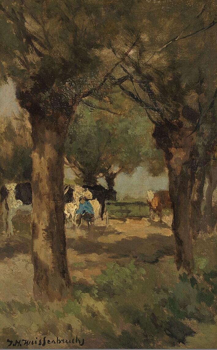 Milking cows amidst willow trees