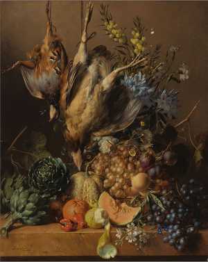 Stilleven van fruit, groenten en gevogelte