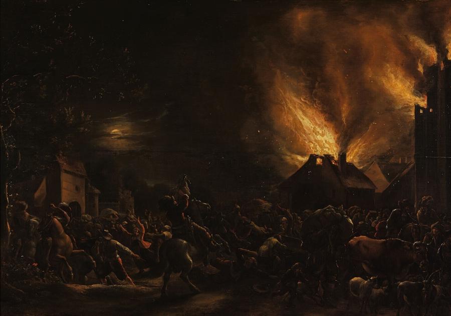 Dorpsplundering door soldaten bij nacht