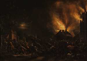 dorpsplundering-door-soldaten-bij-nacht