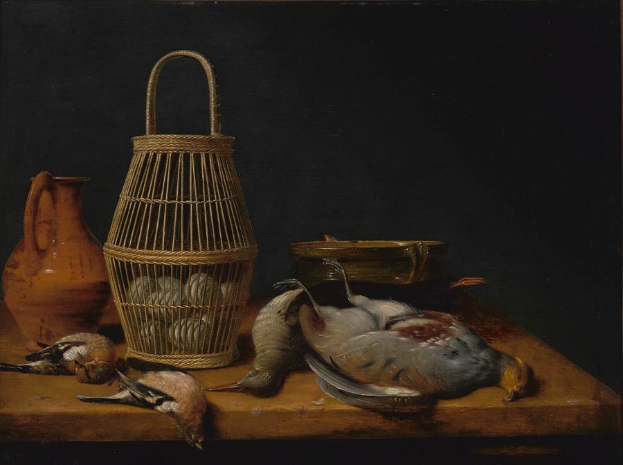 Basket of Eggs among Dead Birds and Kitchen Utensils