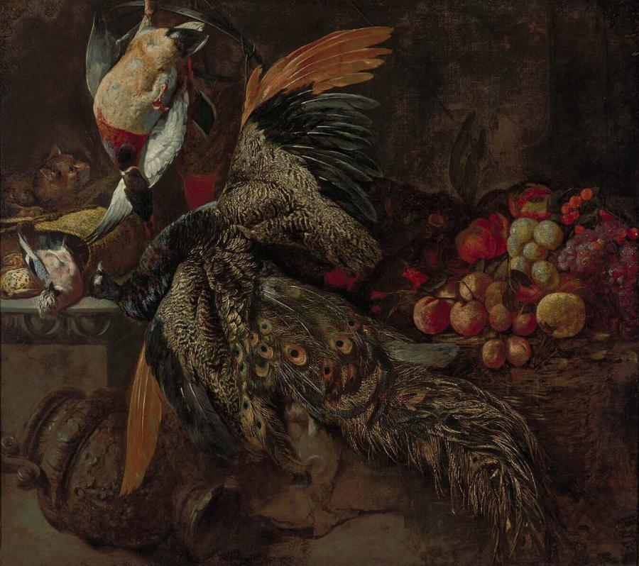 Hunting Trophy with a Dead Peacock, Fruit and a Cat