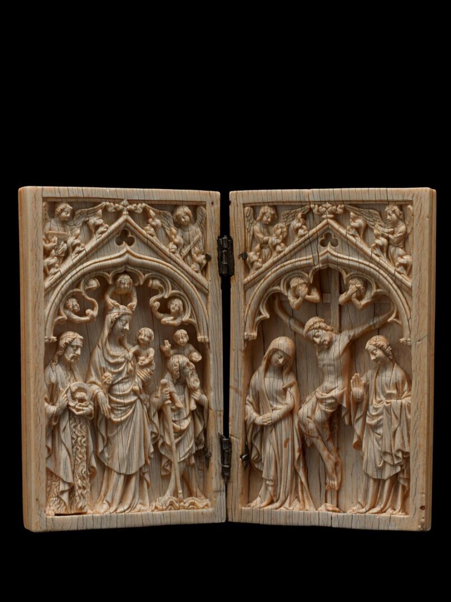 Diptych with Virgin and Child, Saint John the Baptist and Saint Christopher and the Crucifixion