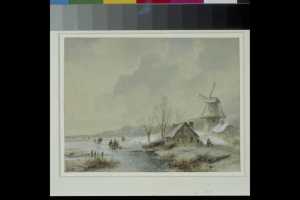 winterlandschap-met-twee-huisjes-en-een-windmolen-aan-een-vaart