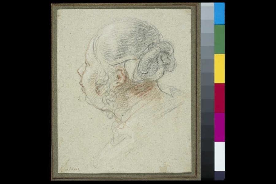 Hoofd van een vrouw, gedeeltelijk gezien van achter