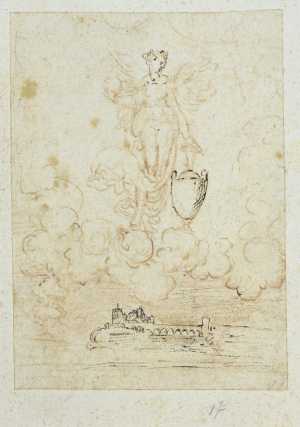 gevleugelde-vrouwenfiguur-staande-op-een-globe-met-een-vaas-nemesis-zwevend-boven-een-stad-aan-een-rivier