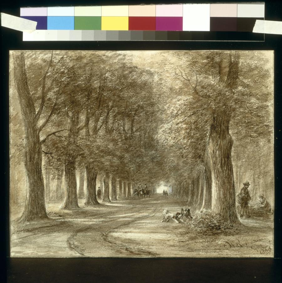 Ruiters en figuren op bospad