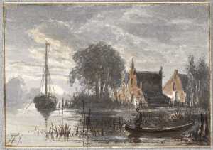 gezicht-op-huizen-met-een-afgemeerd-zeilschip-en-een-vissersboot