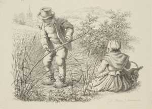 boer-die-rogge-maait-en-rustende-vrouw