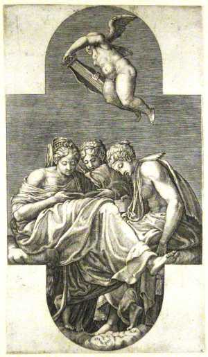 Drie muzen en een putto met een lier