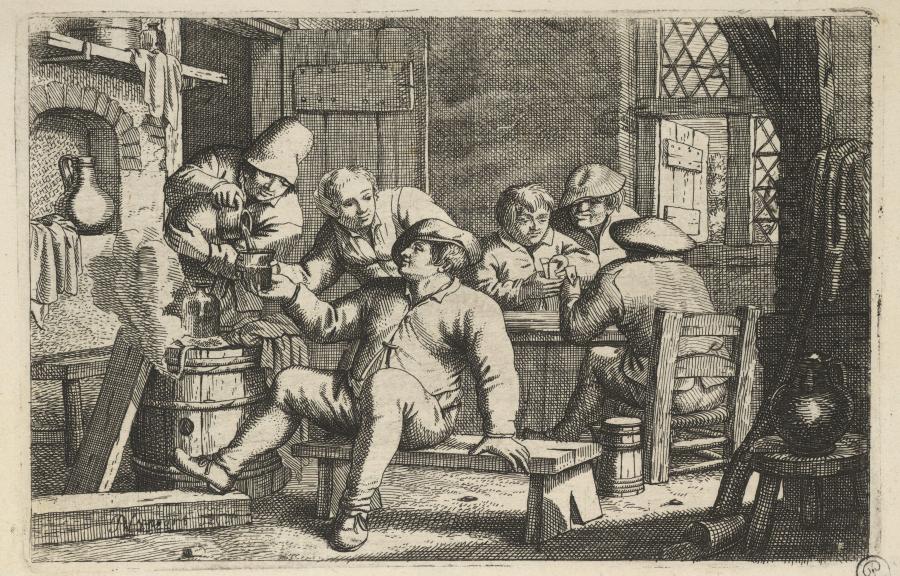 Herberginterieur met een drank schenkende man en kaartspelers