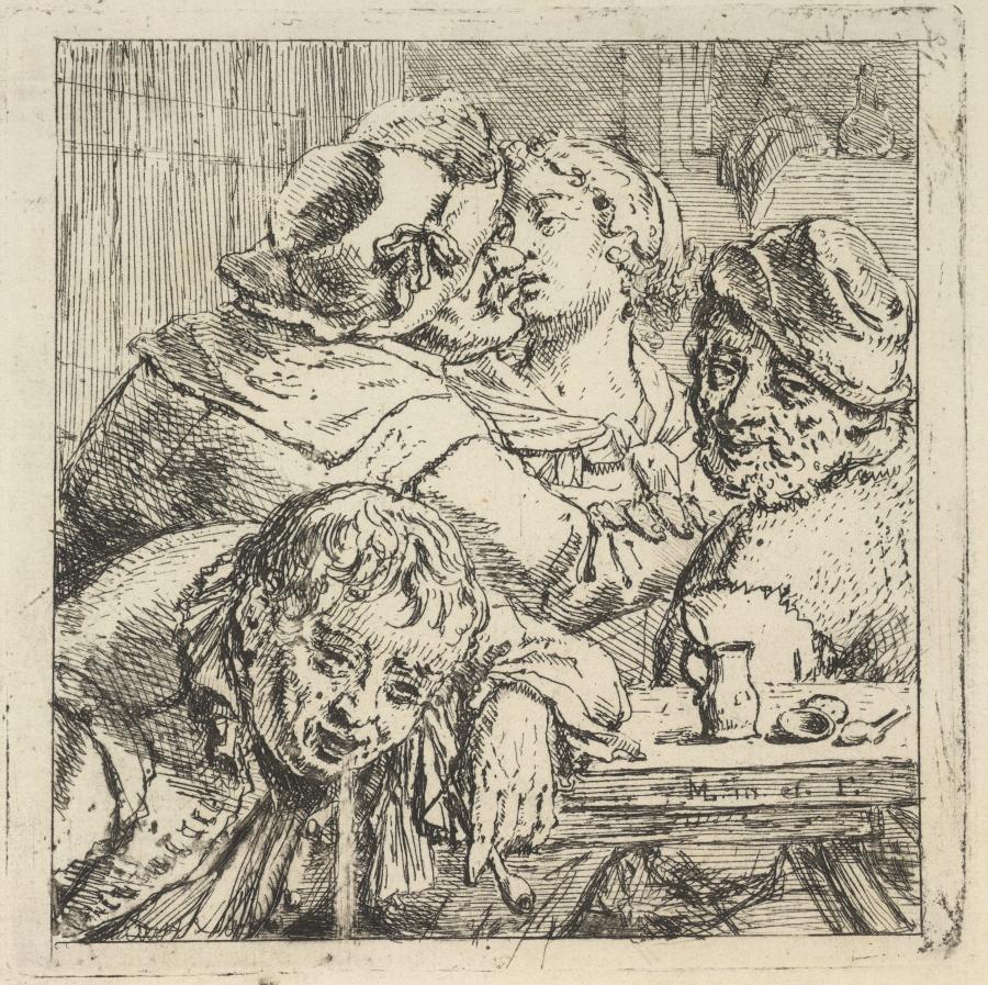 Two Men at a Table, Drinking and Smoking, Behind Them an Amoured Couple