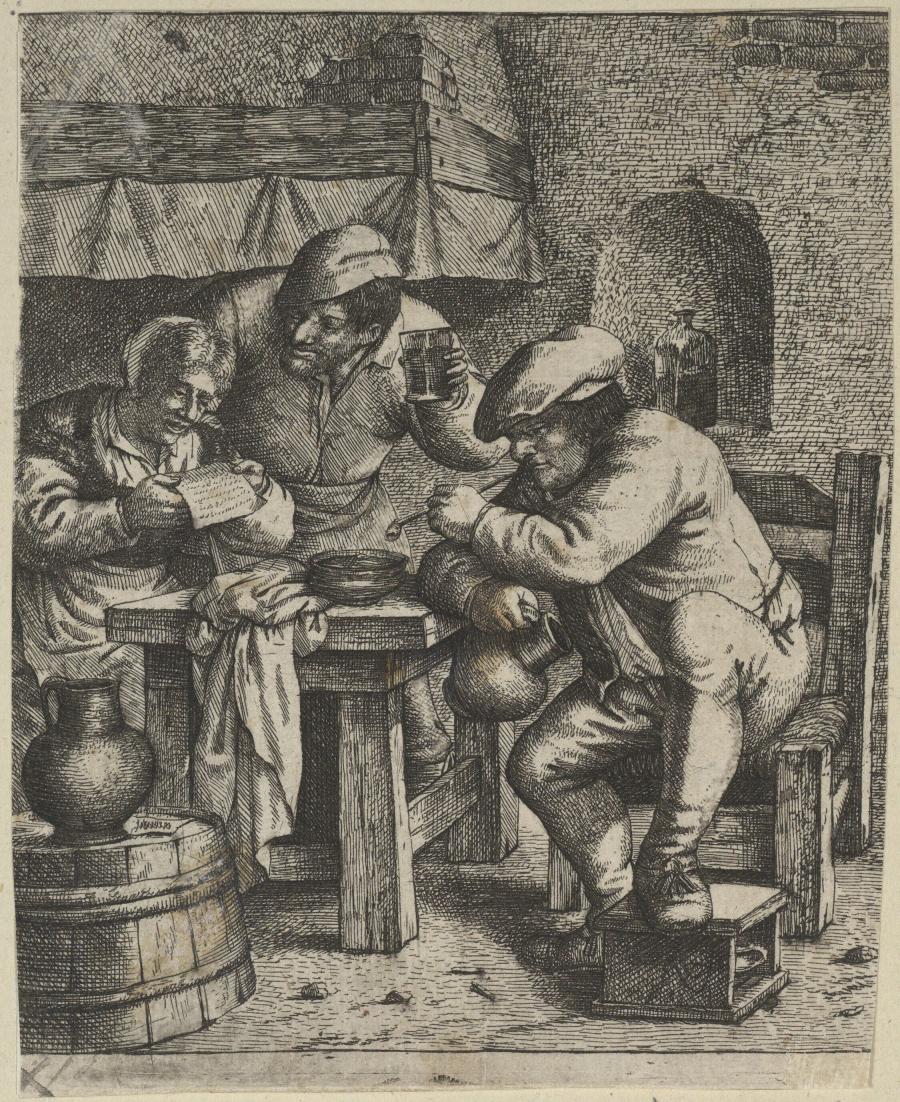 Interieur met brieflezende vrouw en twee mannen