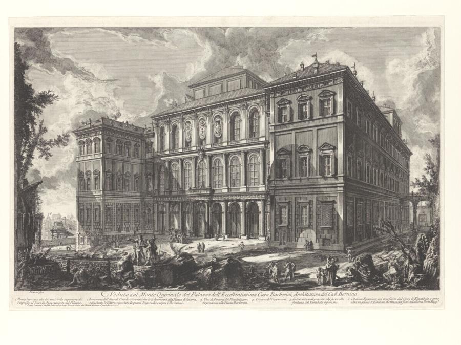 Veduta sul Monte Quirinale del Palazzo dell'Eccellentissima Casa Barberini, Architettura del Cav. Bernino (Gezicht op Palazzo Barberini op de Quirinale heuvel, ontworpen door Cavaliere Bernini)
