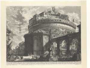 Veduta del Mausoleo d'Elio Adriano (ora chiamato Castello S. Angelo) nella parte opposta alla Facciata dentro al Castello (Gezicht op het Mausoleum van keizer Hadrianus (nu Castel S. Angelo) vanaf de achterkant)