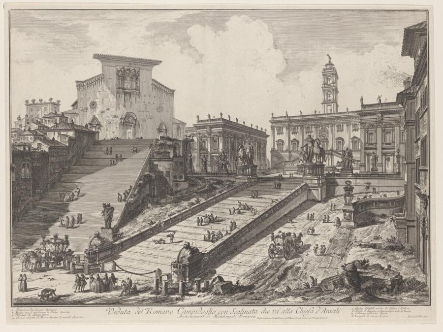 Veduta del Romano Campidoglio con Scalinata che va' alla Chiesa d'Araceli (Gezicht op het Romeinse Capitolijn met trappen naar de Santa Maria in Aracoeli)