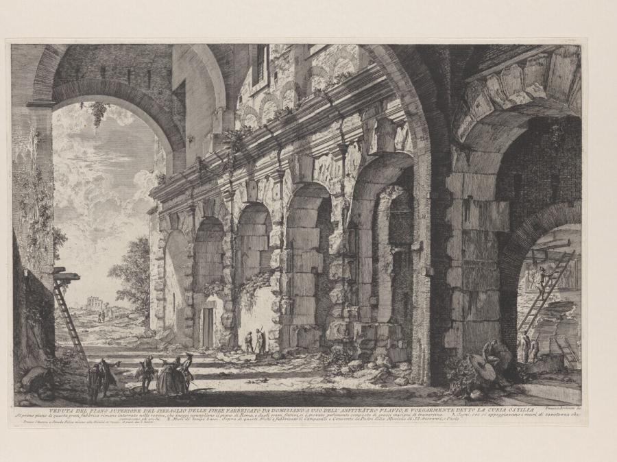 Veduta del piano superiore del Serraglio delle Fiere fabbricato da Domiziano a uso dell'Anfiteatro Flavio, e volgarmente detta la Curia Ostilia