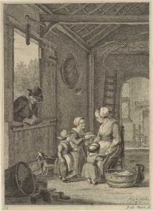 interior-with-a-woman-and-three-children-a-man-at-the-window