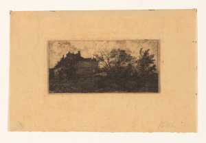 landschap-met-huizen-achter-een-hek-en-bomen-op-de-voorgrond