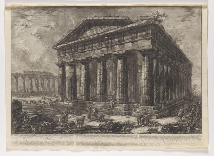 X. Vue du temple de Neptune Dieu tutelaire de l'ancienne Ville de Pesto [Paestum] (X. Gezicht op de tempel van Neptunus, de beschermgod van de oude stad Pesto [Paestum])