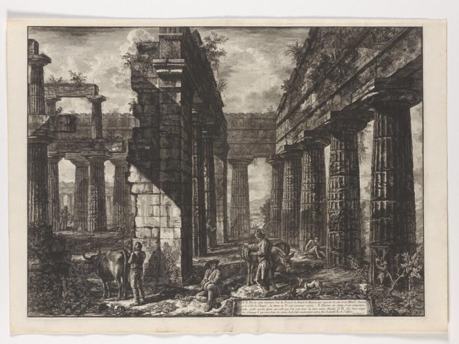 XIII. Vue des restes interieurs d'un des Pronaos du Temple de Neptune qui regarde du côté de la Terre (XIII. Gezicht op de overblijfselen van de binnenkant van de pronaos van de Tempel van Neptunus kijkend richting de aarde)
