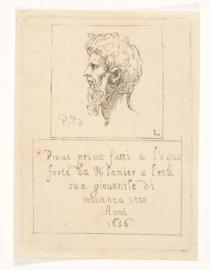 Etching after Parmigianino: Titleplate of Printseries with Man in Profile