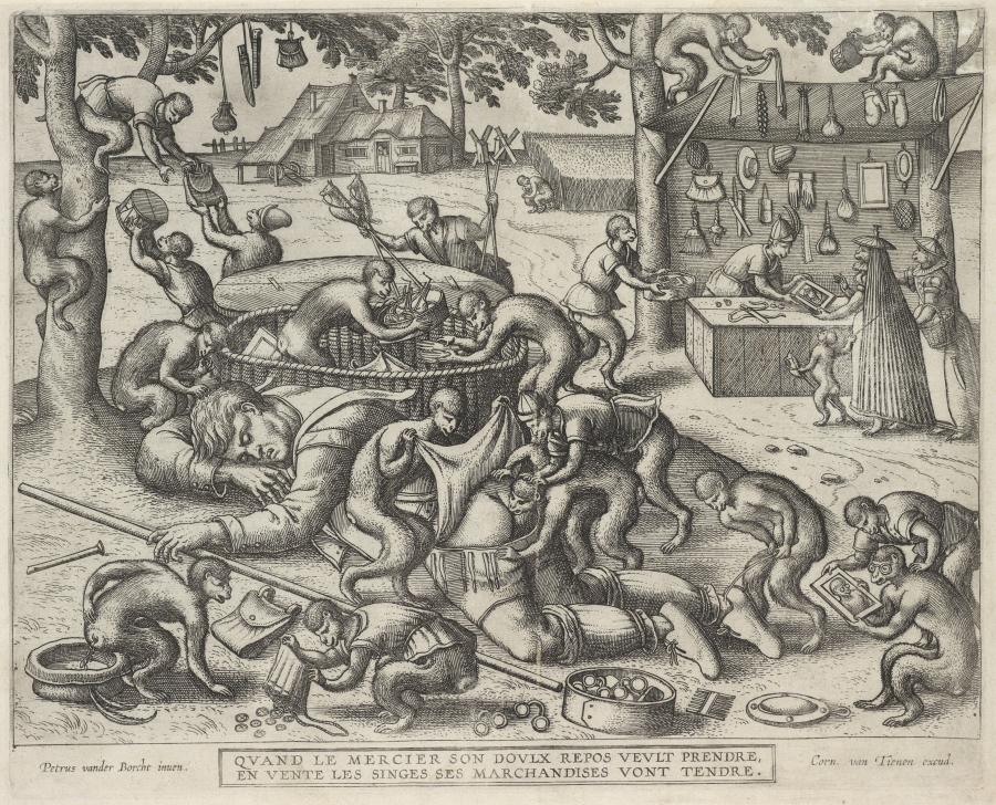 Slapende marskramer, door apen bestolen