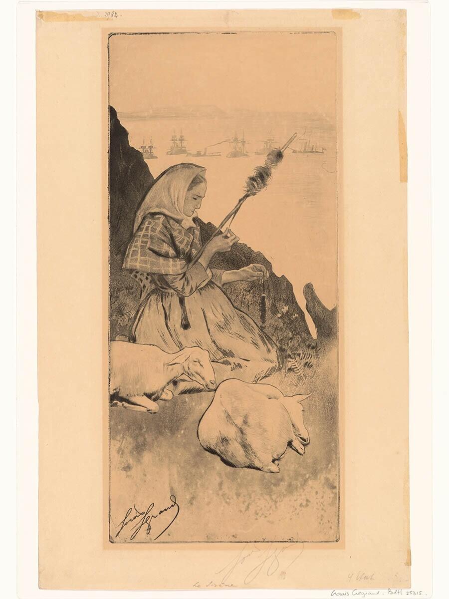 Spinnende vrouw aan de kust