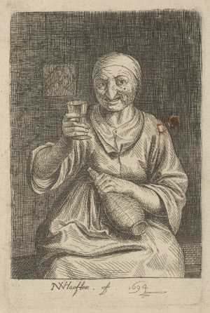 an-old-woman-seated-with-glass-and-bottle