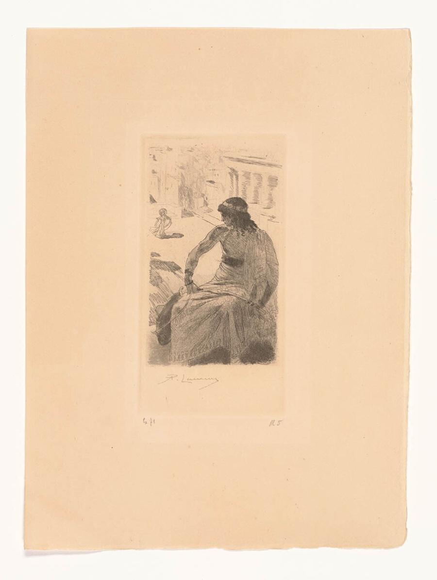 Man looking at a Woman walking across a Square