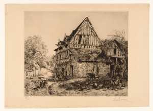 chemin-de-village-avec-chaumiere-een-dorpsweg-naast-een-huis-met-rieten-dak