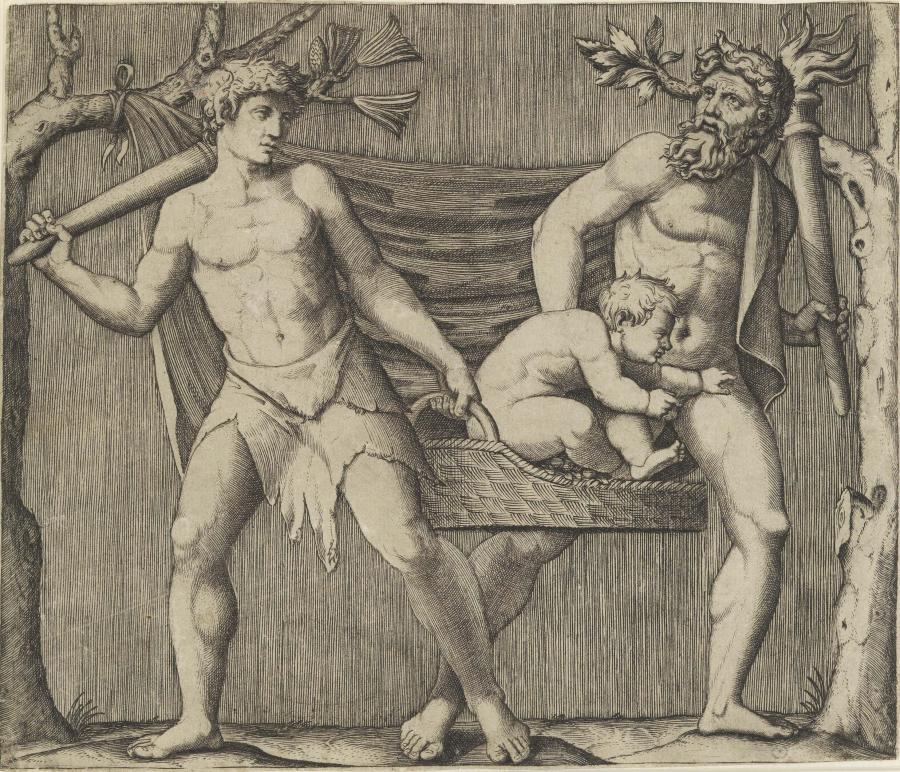 Twee faunen dragen een kind in een mand