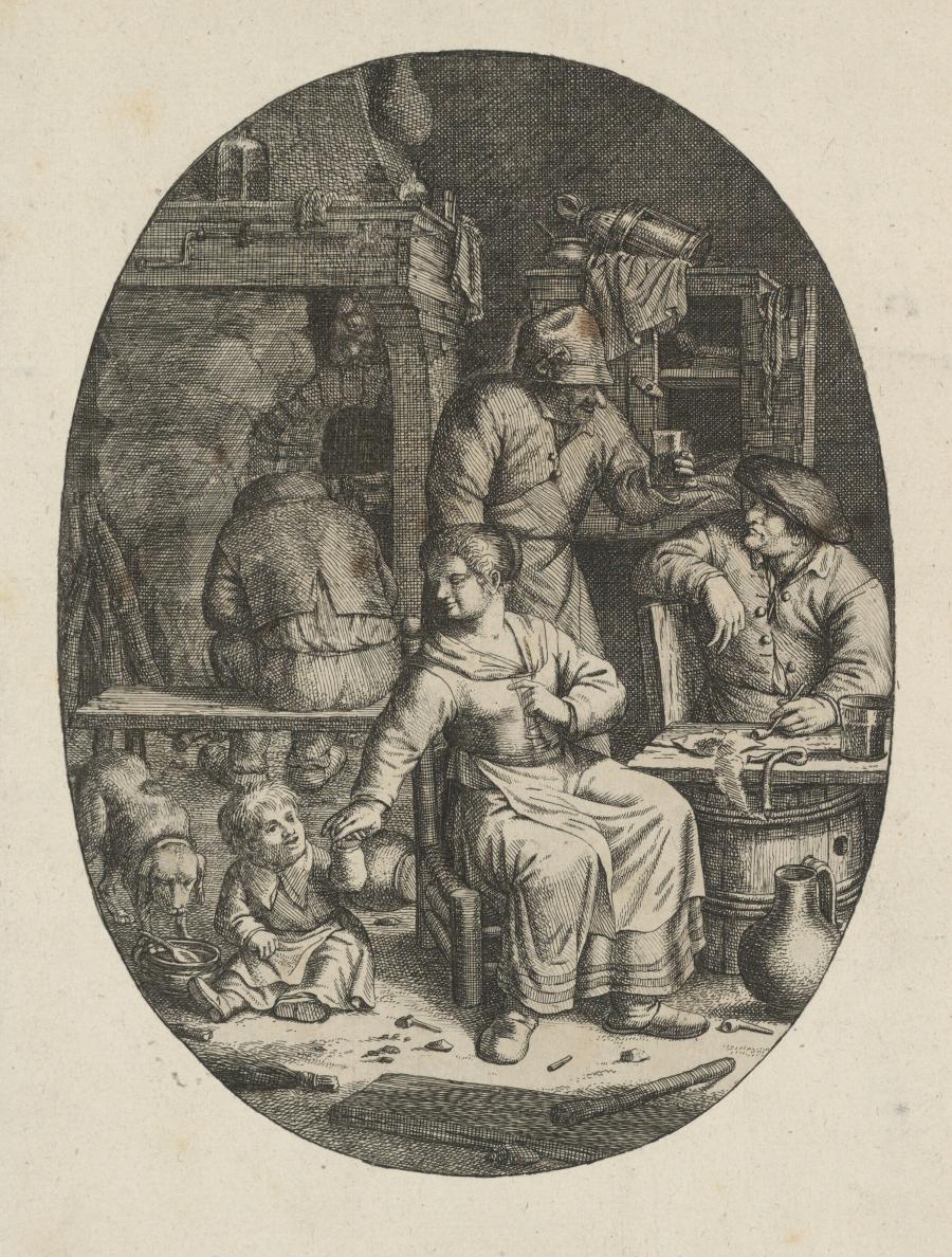 Boereninterieur met vrouw, hongerig kind en drie mannen