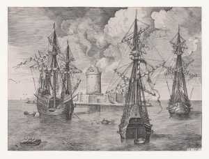 four-master-and-two-three-masters-anchored-near-a-fortified-island-with-a-lighthouse