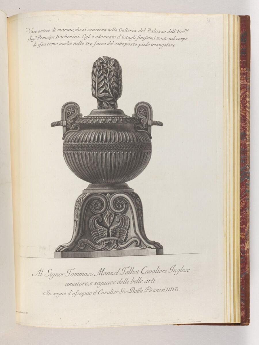 Vaso antico di marmo, che si conserva nella Galleria del Palazzo dell’Ecc. Sig. Prencipe Barberini (Antieke marmeren vaas, bewaard in de galerij van het paleis van prins Barberini)