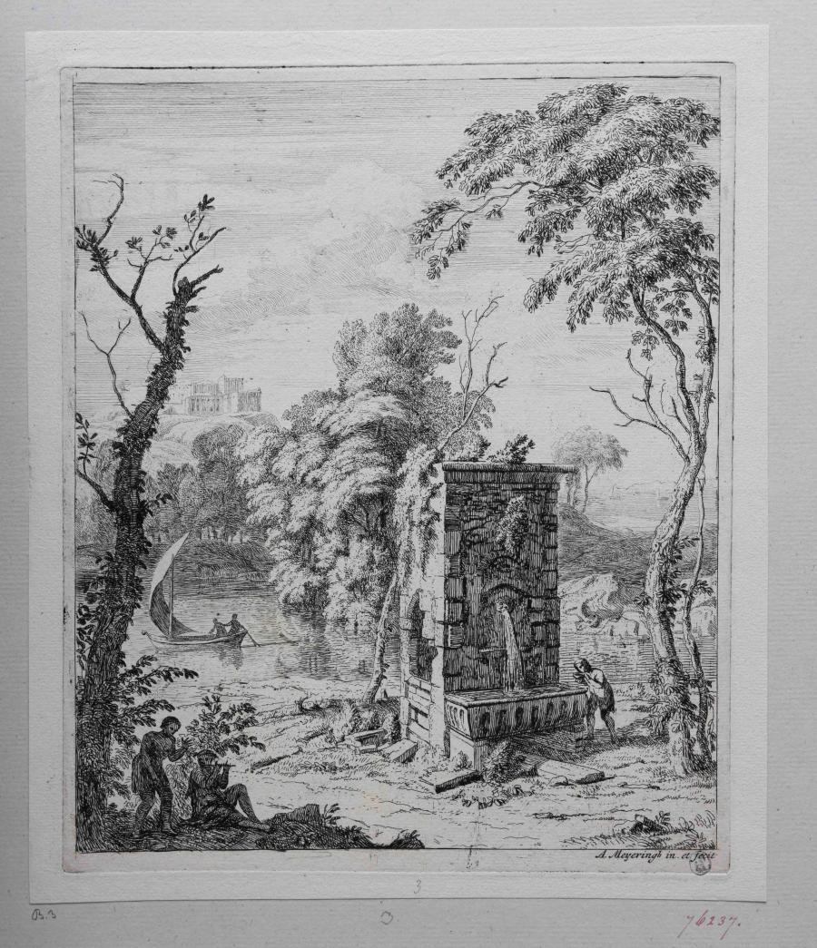 Landschap met fontein en een rivier met een boot